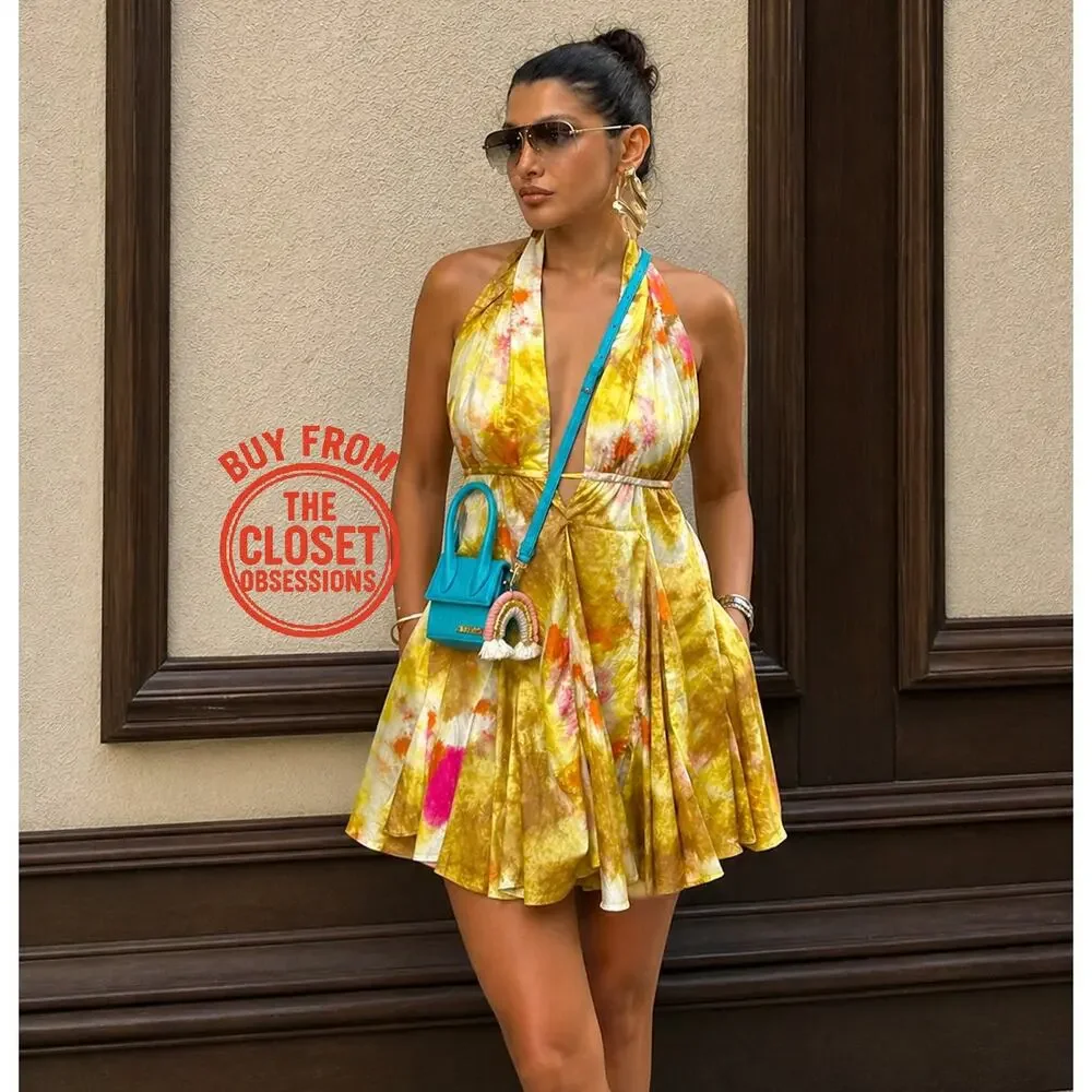 ZARA Yellow Floral Halter Mini Dress Open Back Resort Vacation Sundress NWT